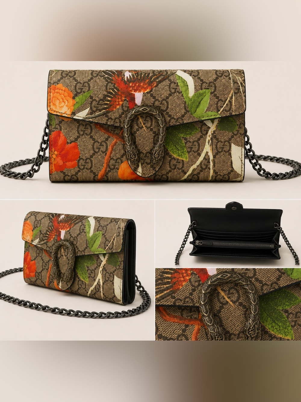 Dionysus Style Wallet on Chain – Tropical Bird Print – Brand New